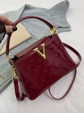 New Lux Patent V-Accent Red Top-Handle Bag